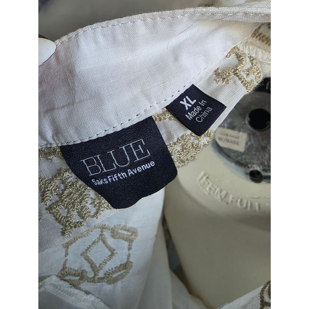 Blue Saks Fifth Avenue Cotton White Taupe Embroidered Tunic Top Sz XL - Picture 9 of 11